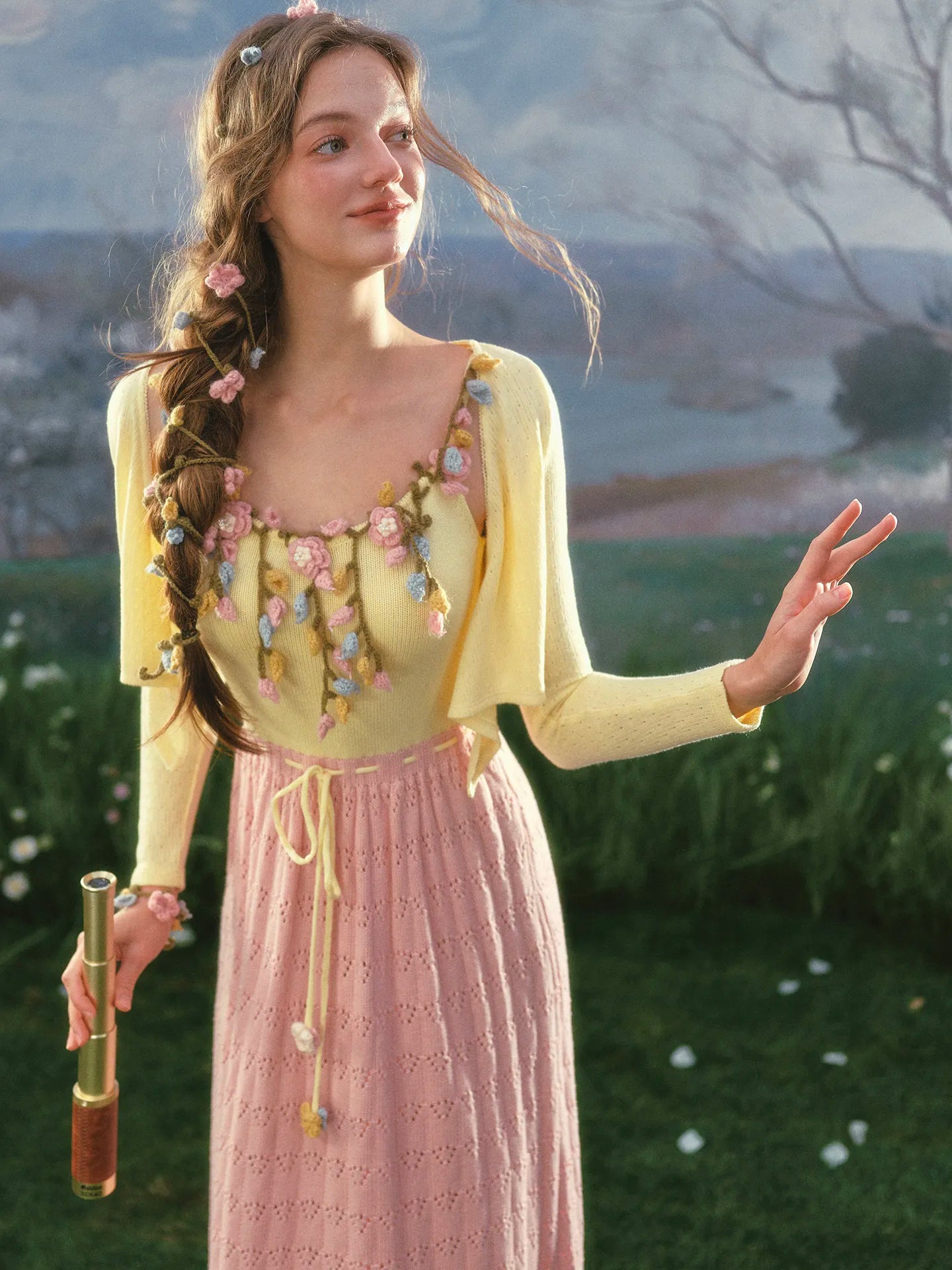 The French Pastoral Crochet Gown | Elegant Handmade Knitted Long Dress | Luxury Floral Fit &amp; Flare Midi | Parisian Princess