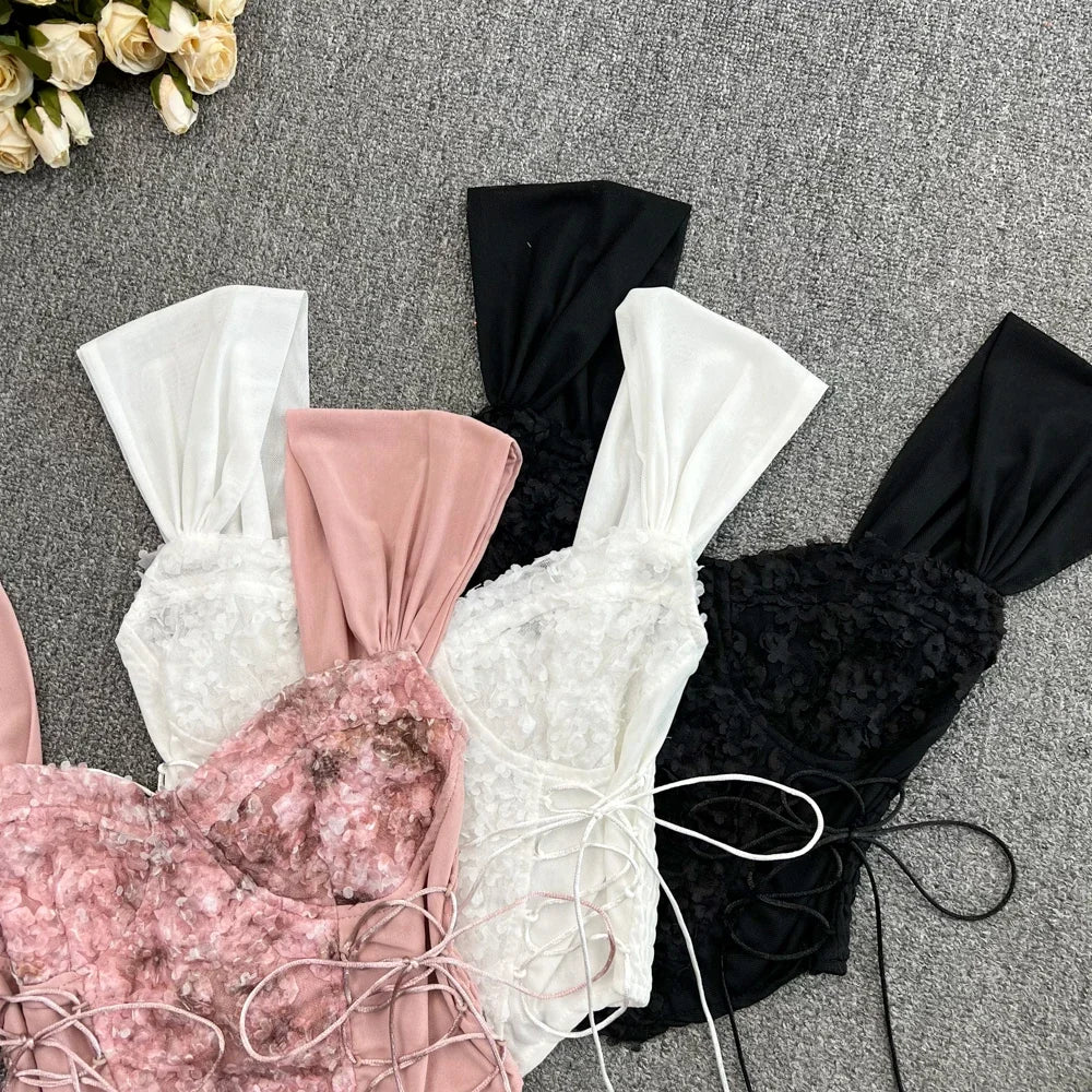 Flower Lace Tank Top Fish Bone Crop Design Inner Strap French Tube Tops Y2k Cute Pink Corset Summer Wear