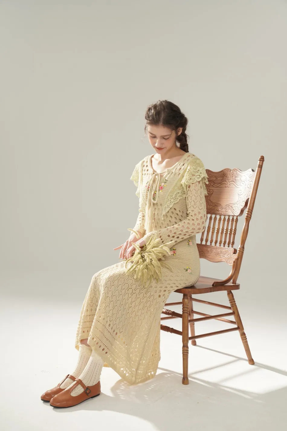The Versailles Rose Knitted Fishtail | Hand-Embroidered Silk Blend Dress | French V-Neck Gown | Parisian Princess