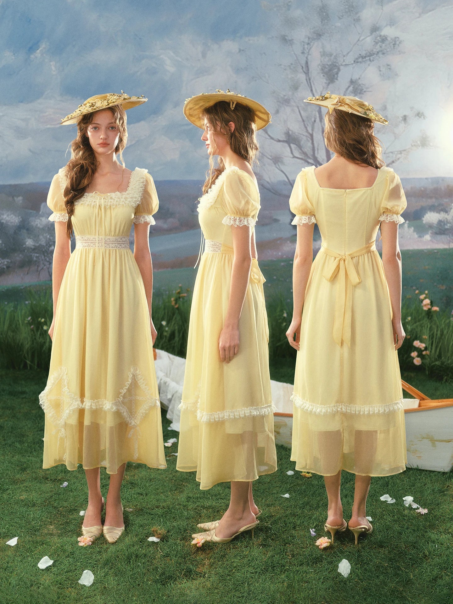 The Provence Lemon Lace Gown | Bubble Sleeve Countryside Midi | Waist-Cinching Princess Dress | Parisian Princess