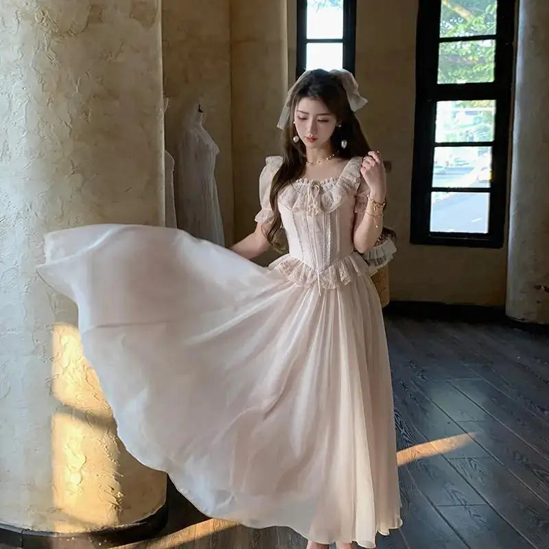 Timeless Signature Parisian Blush Pink Lace Dress French Couture Puff Sleeve Sweet Elegant Max