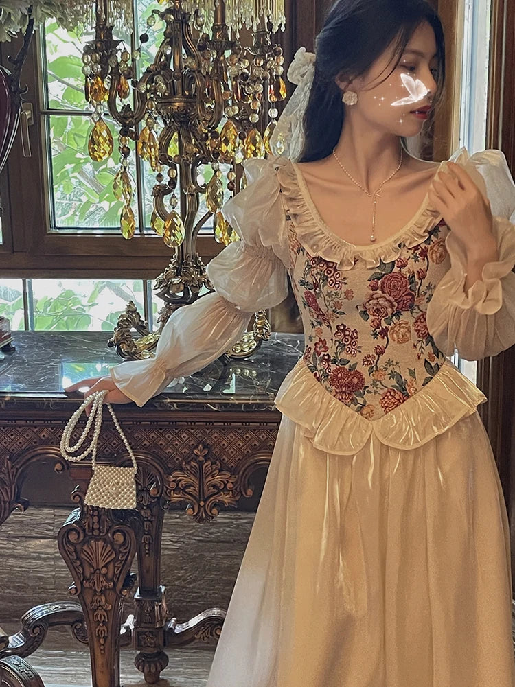 The Trianon Fairy Midi | Vintage Floral Puff Sleeve Prom Dress | Elegant Luxury Print Summer Gown | Parisian Princess