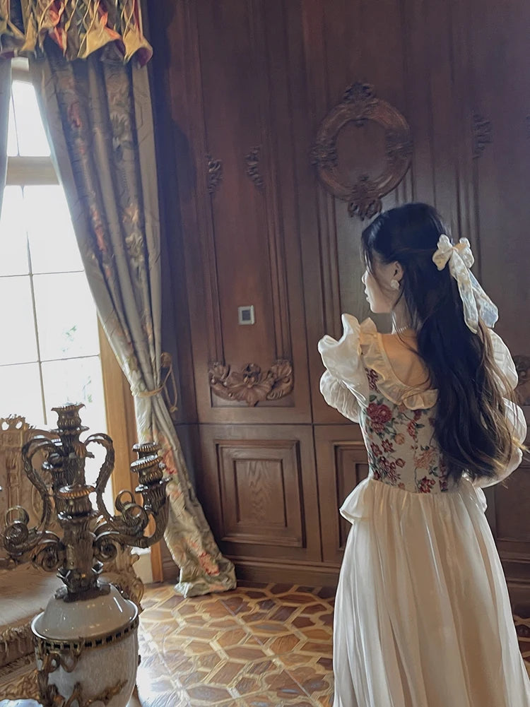 The Trianon Fairy Midi | Vintage Floral Puff Sleeve Prom Dress | Elegant Luxury Print Summer Gown | Parisian Princess