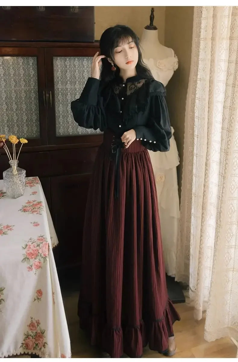 French Dark Retro Long Sleeved Lace Shirt Striped Long Skirt Two-piece Dress Set