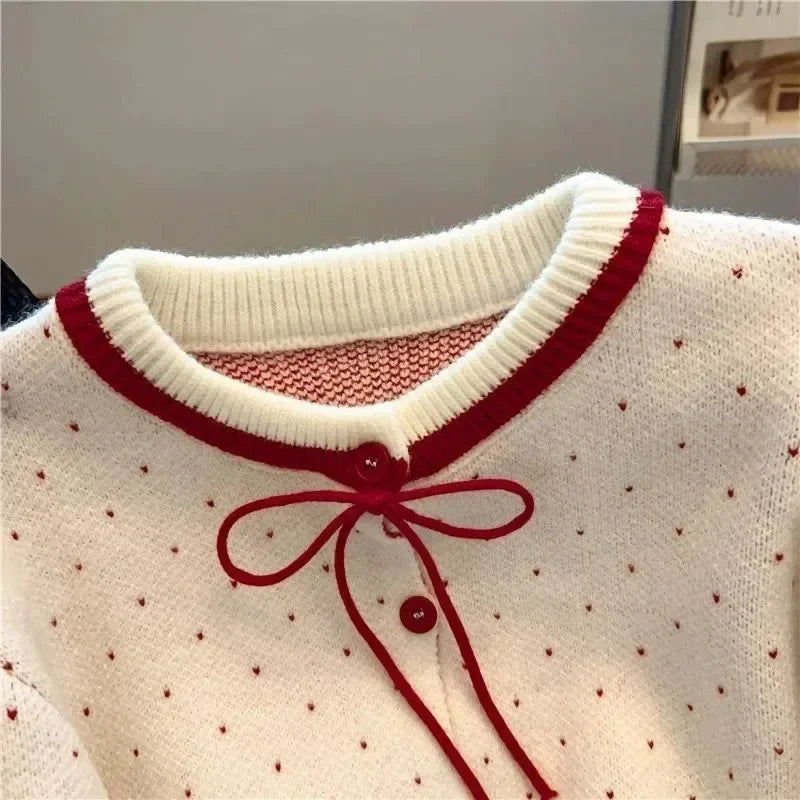 Red Polka Dot Short Knitted Sweater Coat Women's Spring Design Sense Self-Preserving Style Full Sleeve round Neck Top