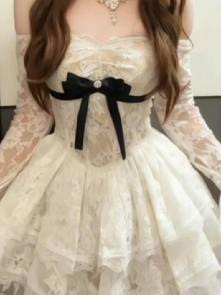 French Vintage Elegant Lace Dress Women Off Shoulder Bow Long Sleeve Slim Fit Lolita Style Skirt Romantic Autumn Winter Clothing