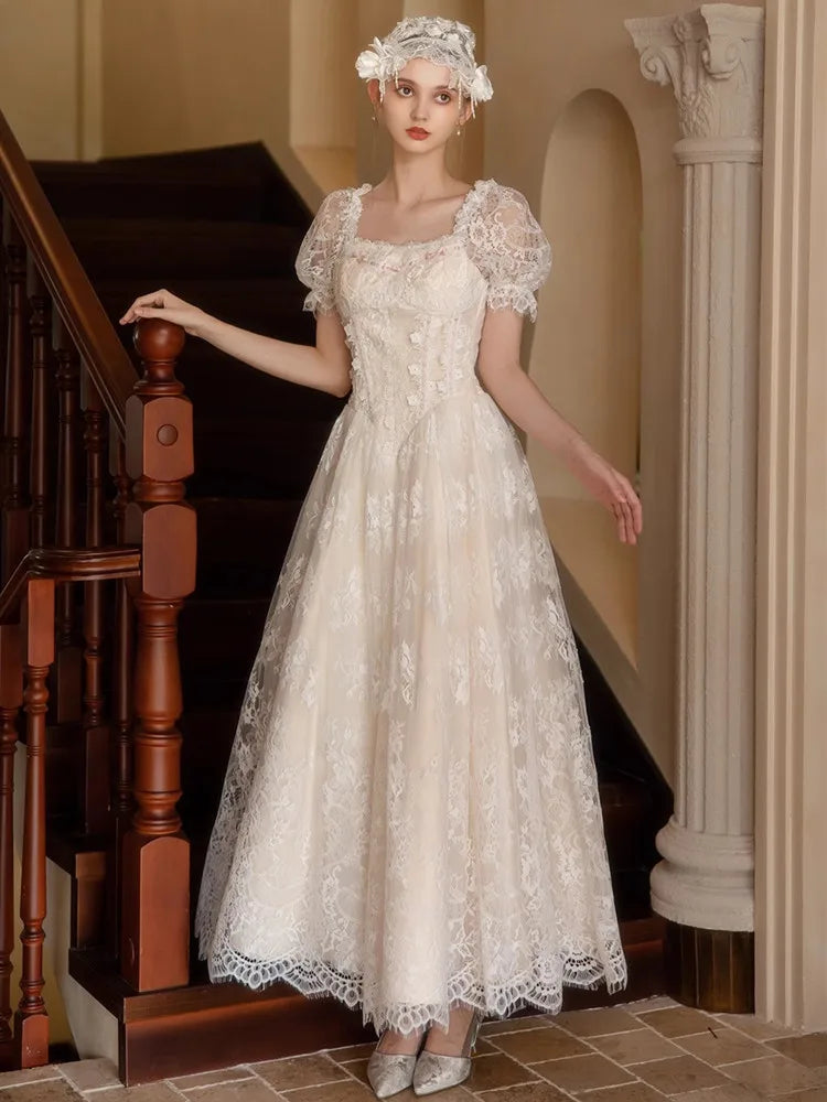 The Fresh Air Fairy Maxi | Summer Vintage Embroidered Lace Gown | Square Collar Empire Waist Puff Sleeve Gown | Parisian Princess