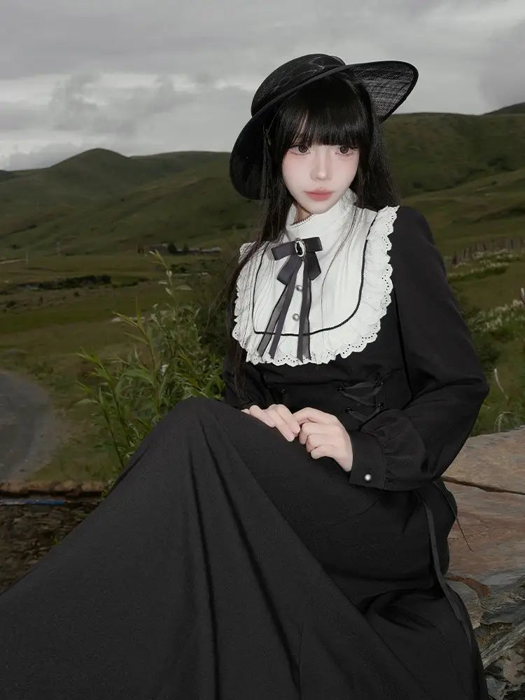 Japanese Y2K Patchwork Midi Dress Women Harajuku Gothic Lace Up Long Dress Female Sweet Lolita Bow Long Sleeve Chic Vestidos New