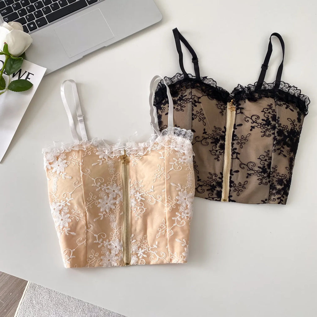 The Trianon Tiered Lace Cami | Embroidered Sleeveless Tank Top | Stretchy Slim Zipper Lingerie Top | Parisian Princess