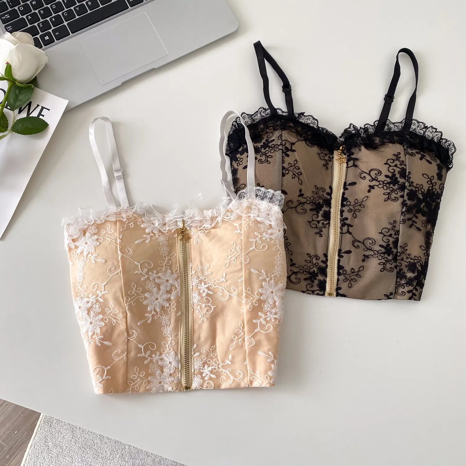 The Trianon Tiered Lace Cami | Embroidered Sleeveless Tank Top | Stretchy Slim Zipper Lingerie Top | Parisian Princess