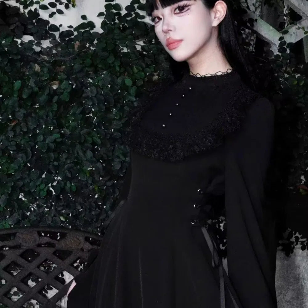 Coalfell French Gentle Heavy Engineering Dress Design Fall and Winter Long-sleeved New Waist Lace Thin Temperament Long Dress