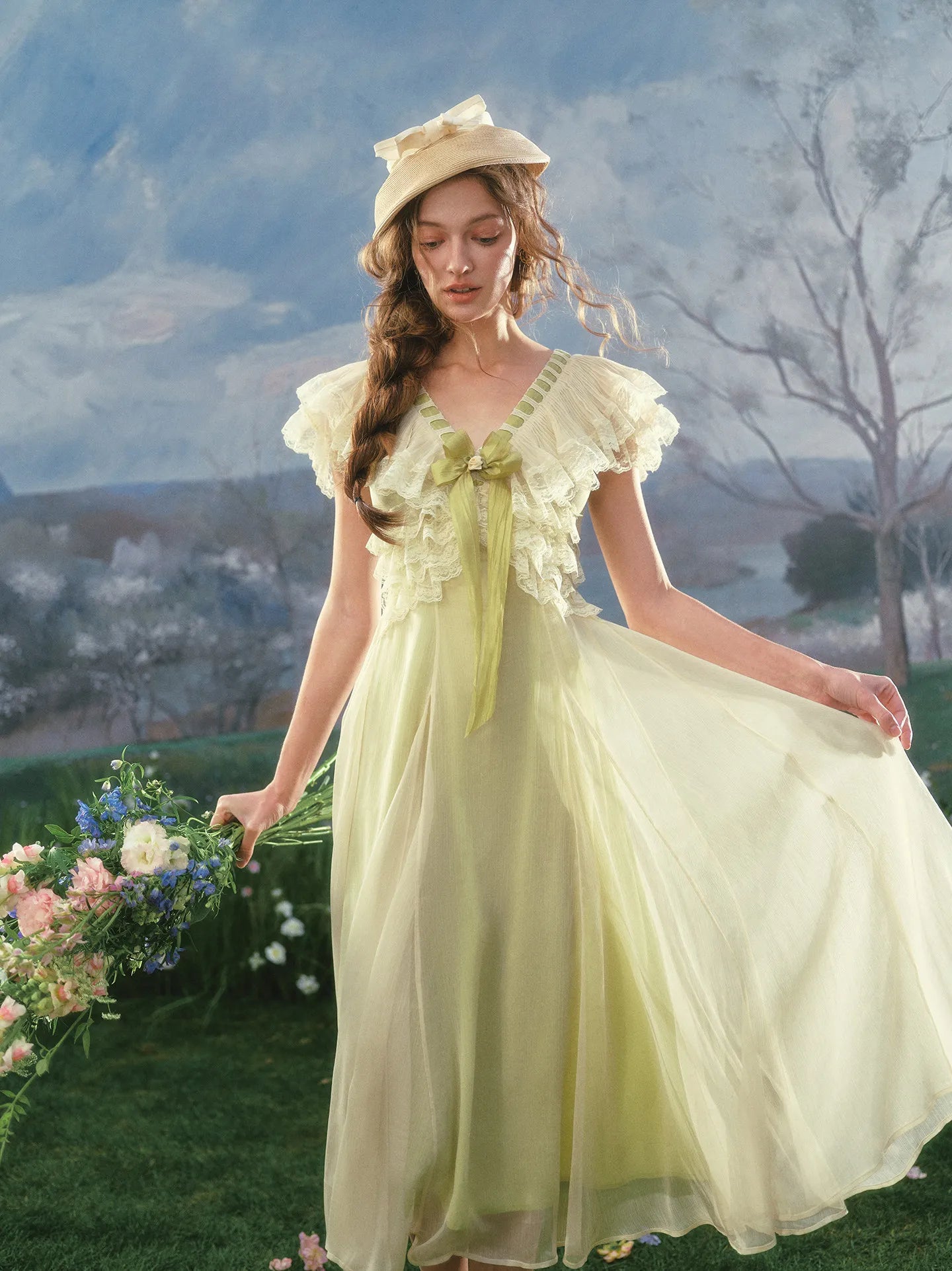The Spring Meadow Butterfly Lace Gown | French Pastoral V-Neck Midi | Empire Waist Princess Dress | Parisian Princess