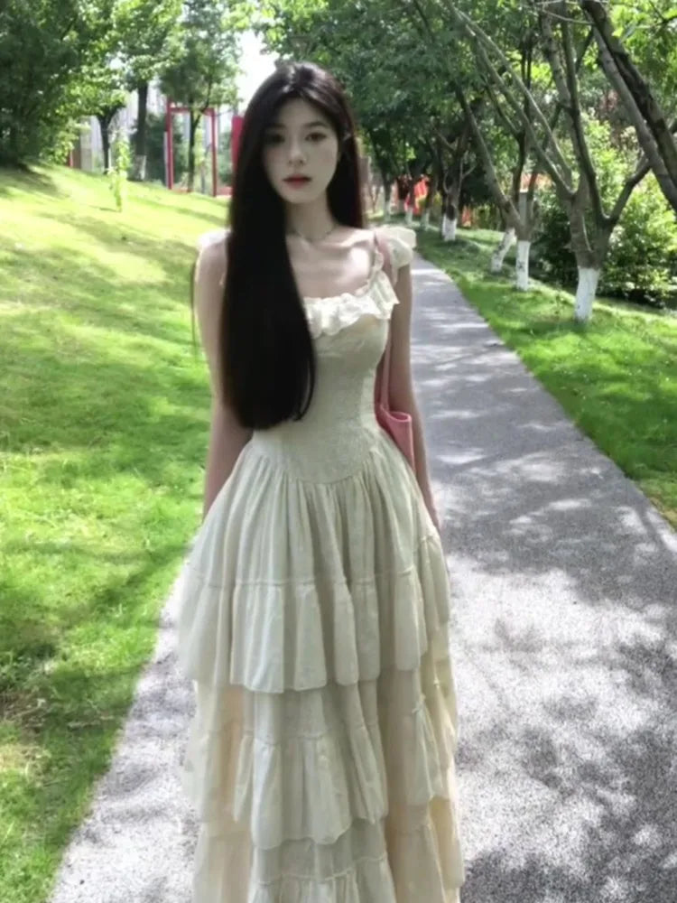 Vintage French Style Ruffles Square Collar Dress Women Summer Holiday Style Sleeveless Fairy Party Dress Fashion Female Clothes