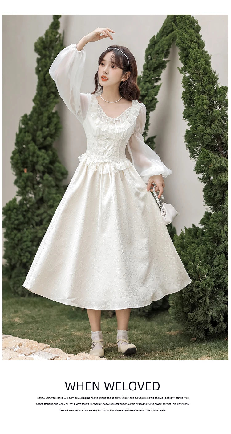 French Fairy Lantern Sleeve Midi Dress for Women Summer Elegant Retro Slim Sweet Party One Piece Dress Korean Casual Clothes