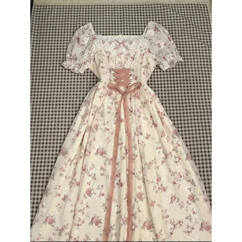 French Sweet Gentle Floral Print Dress Women's Student Summer New Belt Waist Slim Long Skirt Bubble Sleeve Short Sleeve Dress