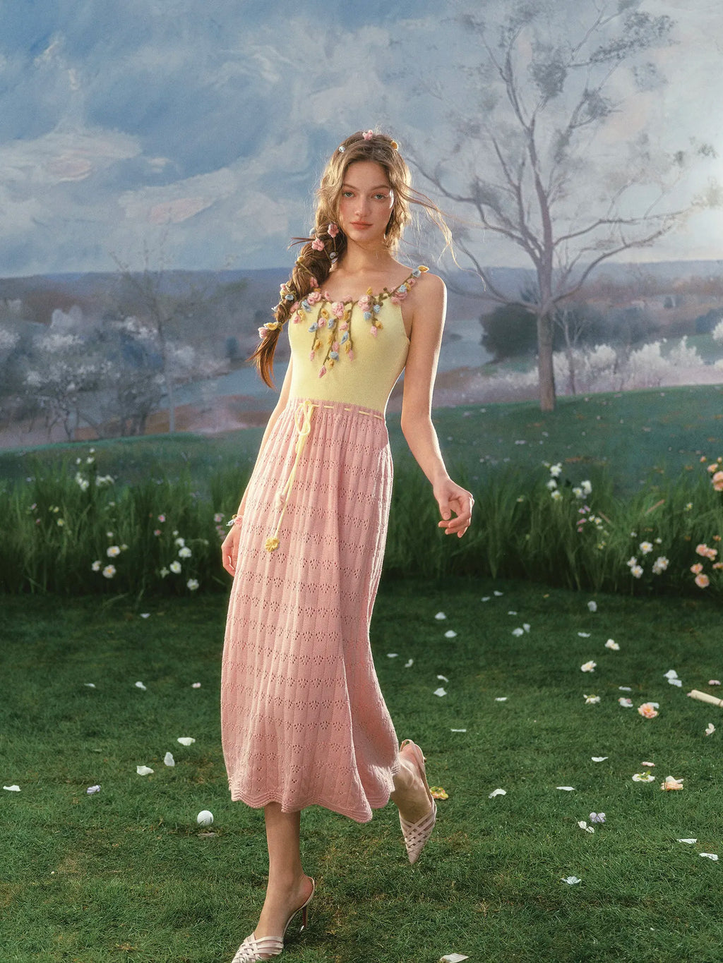The French Pastoral Crochet Gown | Elegant Handmade Knitted Long Dress | Luxury Floral Fit &amp; Flare Midi | Parisian Princess