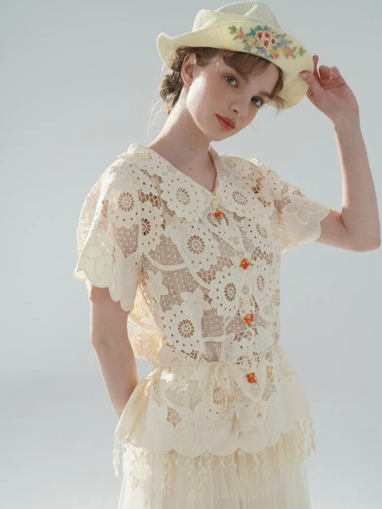 The Palais Cutwork Blouse | Summer Lace Shirt | Handmade 3D Floral All-Over Embroidered Turn-Down Collar Blouse | Parisian Princess