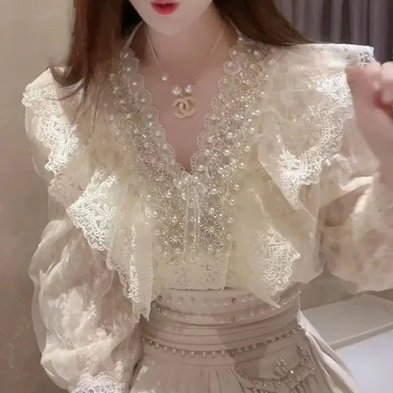 Beading Embroidery Lace Blouse | Lolita Elegant Puff Sleeve Shirt | French Chic V-Neck Spring Top | Parisian Princess