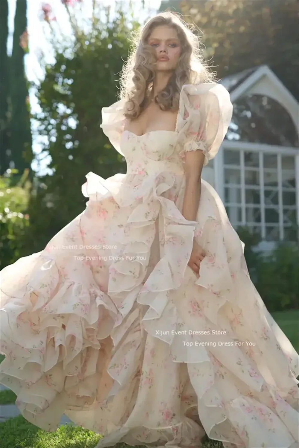 The Roseraie Garden Gown | Exquisite Pink Floral Evening Dress | Puff Strap Tiered Layered Prom Gown | Parisian Princess