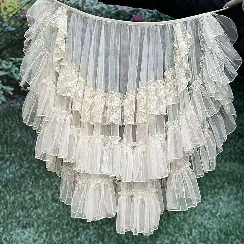 Gothic Lolita Lace Mesh Ruffles Fairy Princess Party Skirt Women Asymmetrical Cute Curtain Sheer Cover Up Thin Long Skirts White