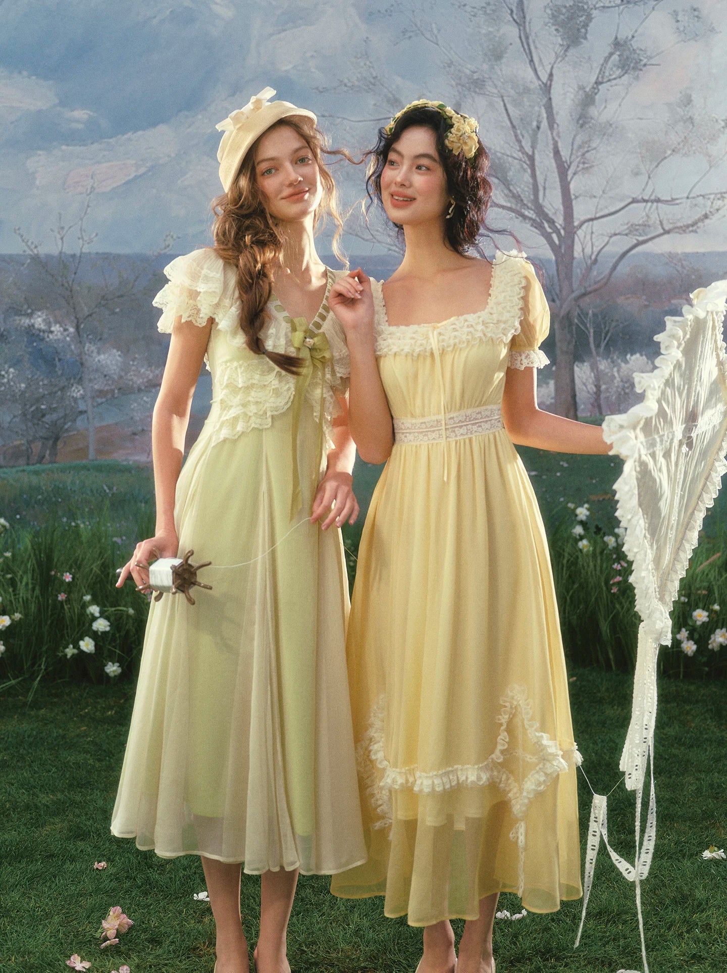 The Provence Lemon Lace Gown | Bubble Sleeve Countryside Midi | Waist-Cinching Princess Dress | Parisian Princess