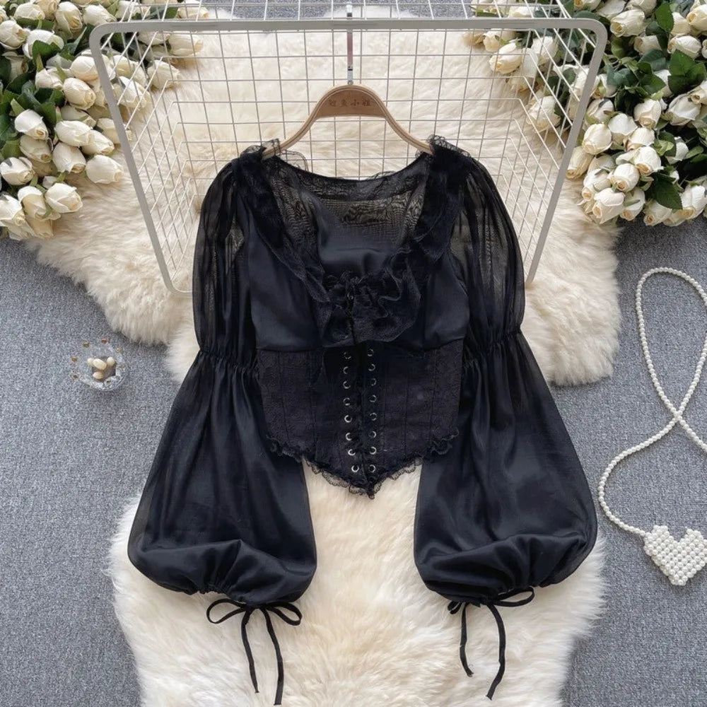 The Élodie Chiffon Manteau | Parisian Ruffled Lace Blouse | Retro Mesh Lantern Sleeve Top | French Riviera Vacation Blouse