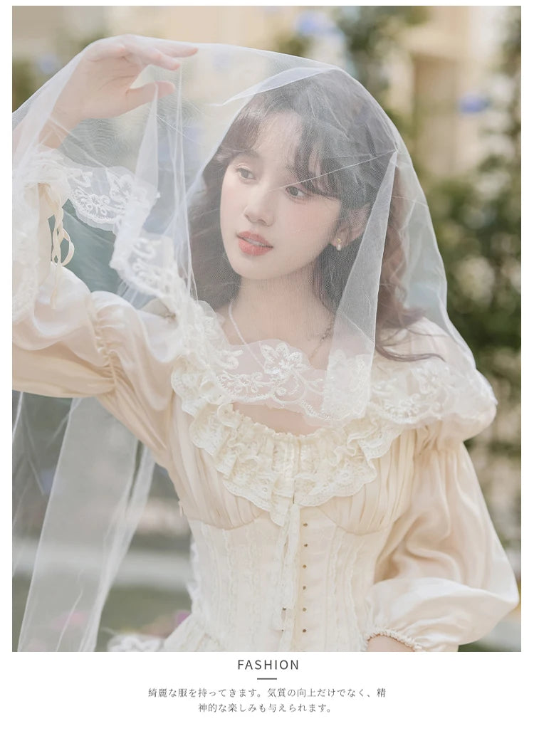 The Ethereal Princess Tatting Gown | Fairycore Lace Midi | French Square Neck Princess Sleeve Vestido | Parisian Princess