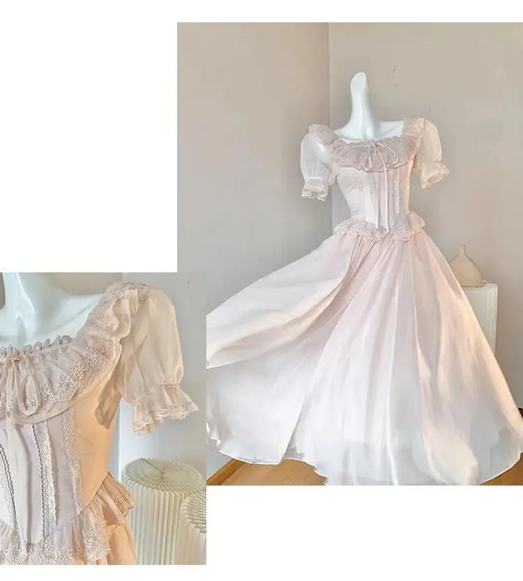 Timeless Signature Parisian Blush Pink Lace Dress French Couture Puff Sleeve Sweet Elegant Max