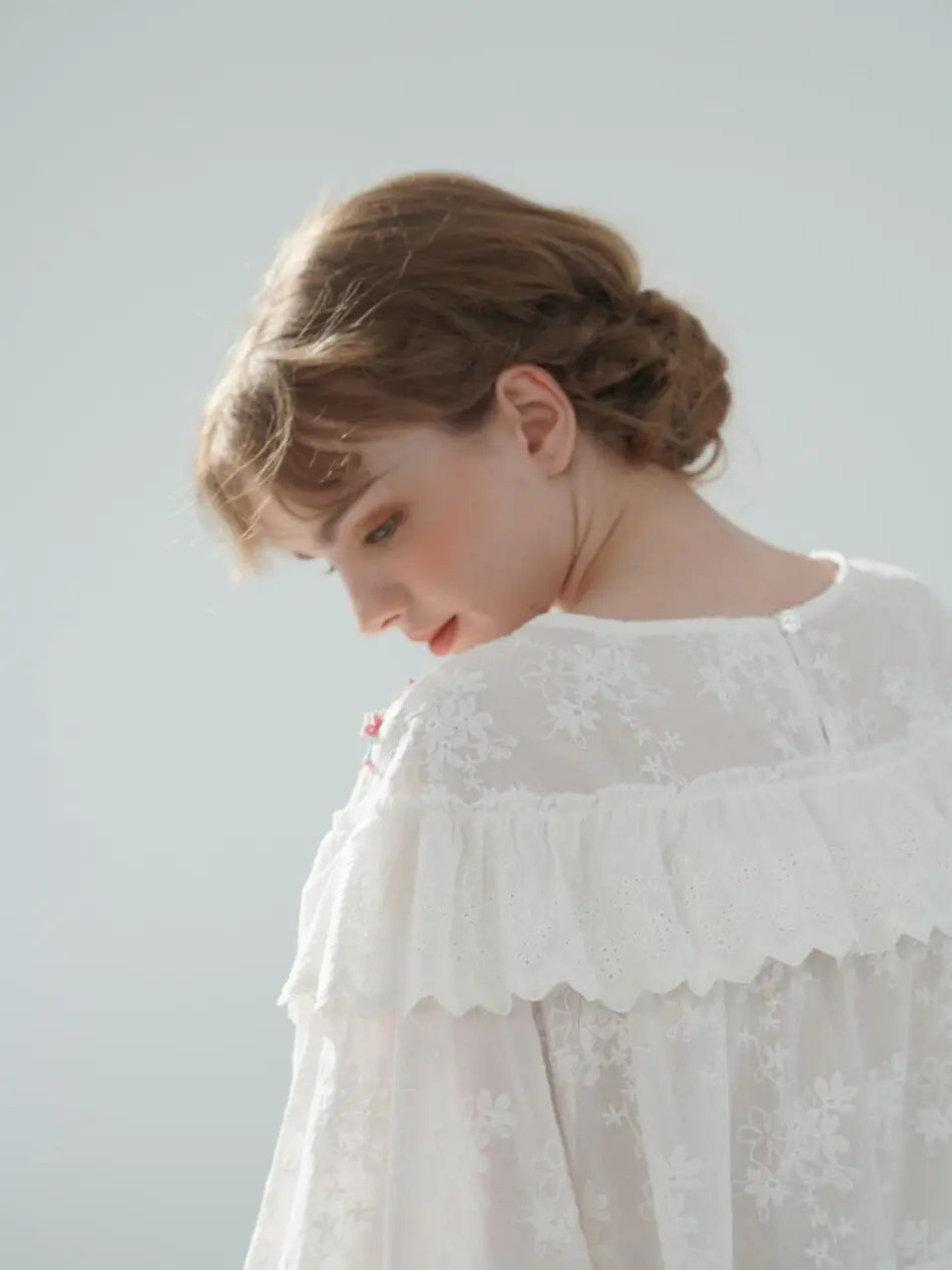 The Summer Floral Breeze Blouse | 100% Cotton Oversized White Top | Handmade 3D Embroidered Loose Lace Top | Parisian Princess