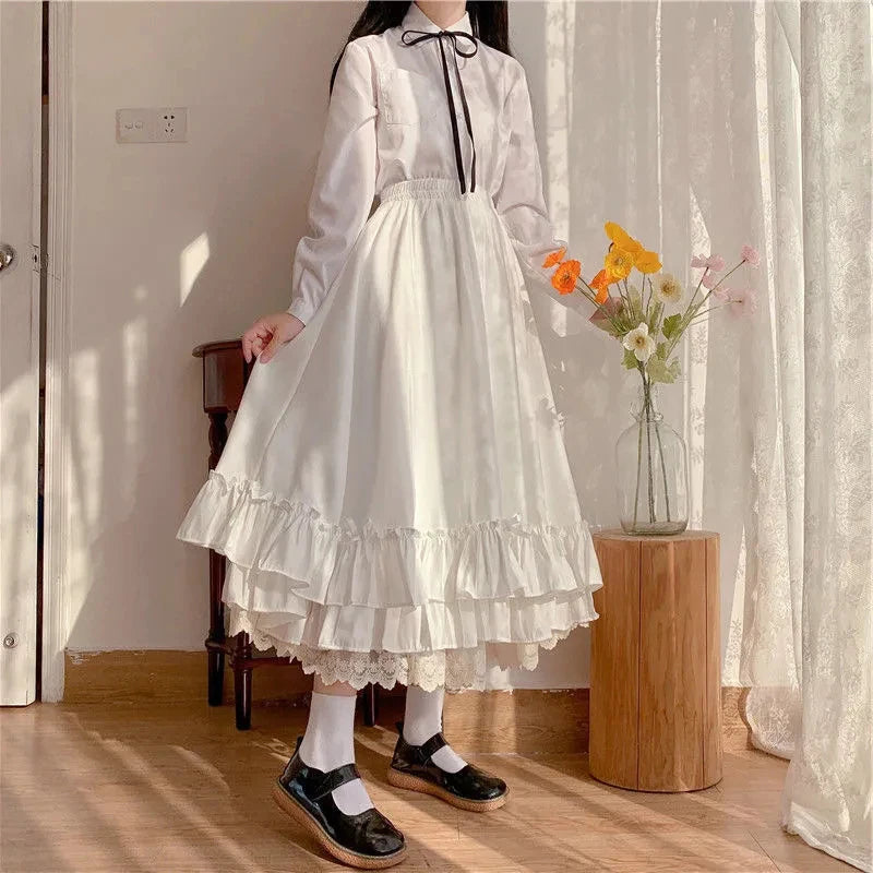 Fashion Sweet Midi Skirt Women Lace Patchwork Bow Preppy Fall Loose Casual Skirts Japanses Ruffle High Waist Solid Chic Skirt
