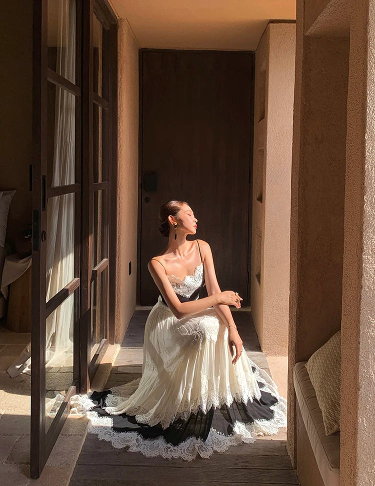 The Midnight Shore Gown | Gothica Summer Holiday Suspenders Dress | Backless Lace Patchwork Vacation Sling | Parisian Princess