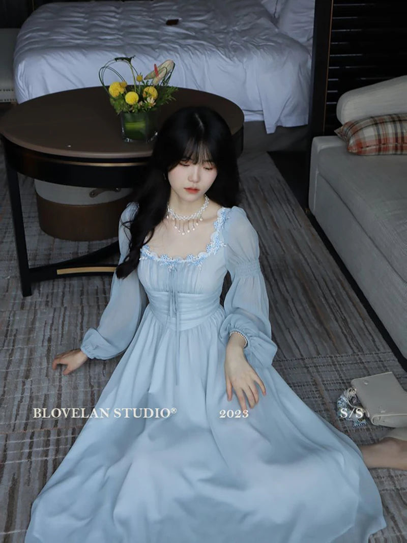 Sweet Sexy Chiffon Dress Women Fashion Slim Elegant French Dress Breathable Long Sleeve Beach Hoiliday Party Vestidos