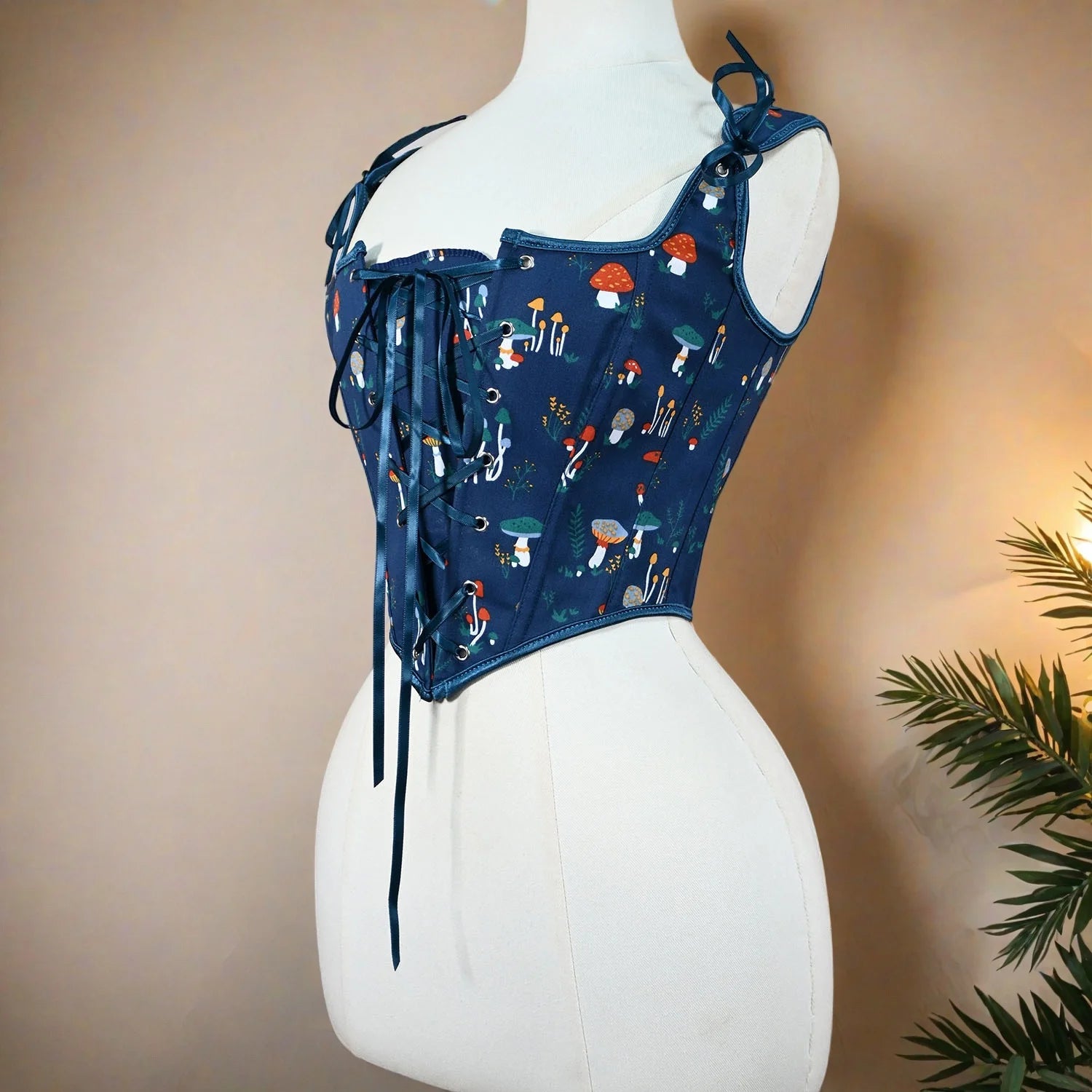 Mushroom Corset Bustier Lace Up Front Vintage Printed Boned Bodice Stage Costume Crop Vest Outwear For Dress Waist Trainer
