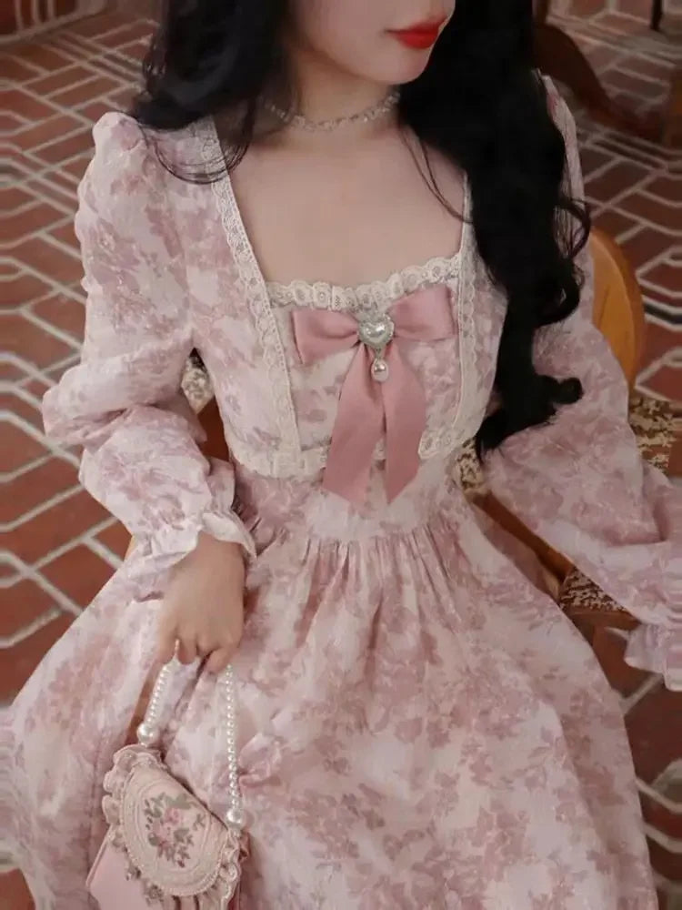 French Sweet Floral Long Sleeve Women's Dress Autumn Elegance Waist Cinched Gentle Fairy Skirt Polyester Fiber Square Collar Ank