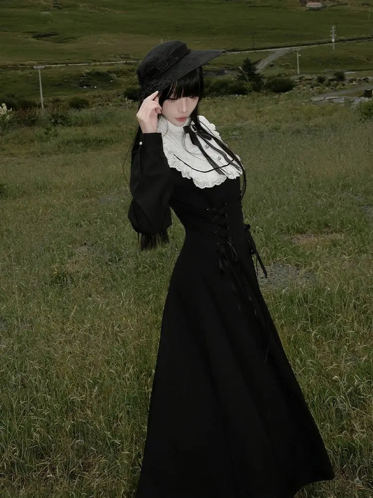 Japanese Y2K Patchwork Midi Dress Women Harajuku Gothic Lace Up Long Dress Female Sweet Lolita Bow Long Sleeve Chic Vestidos New