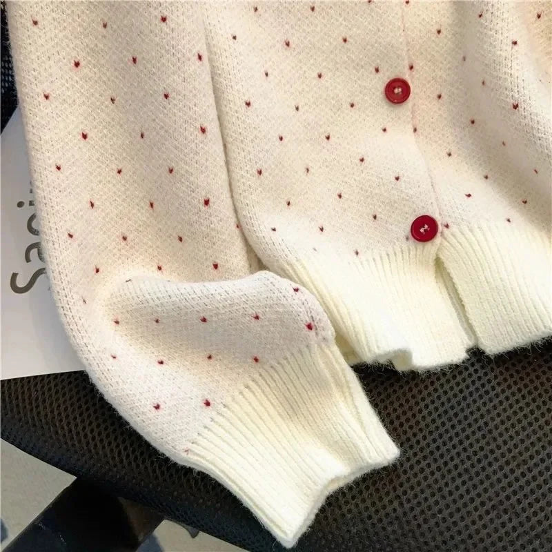 Red Polka Dot Short Knitted Sweater Coat Women's Spring Design Sense Self-Preserving Style Full Sleeve round Neck Top