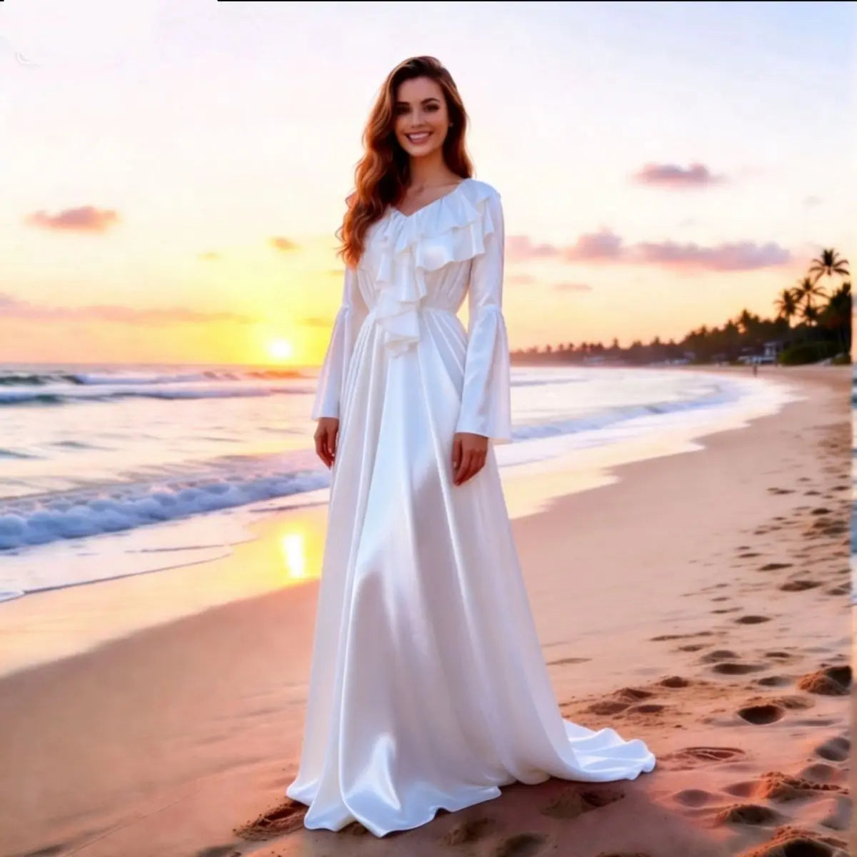 The Petit Trianon Ice Silk Sleep Gown | Glossy Satin Ruffle Maxi | Butterfly Sleeve Nightdress | Parisian Princess