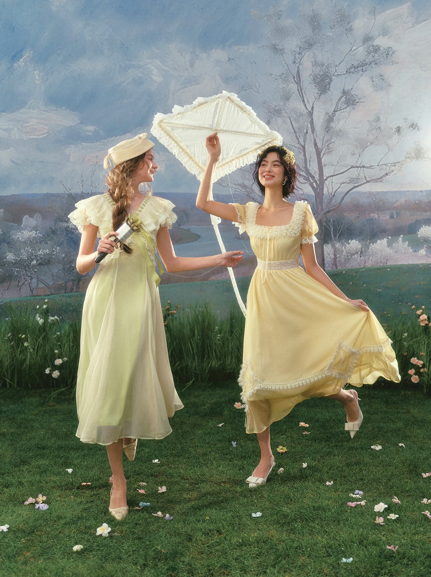 The Provence Lemon Lace Gown | Bubble Sleeve Countryside Midi | Waist-Cinching Princess Dress | Parisian Princess