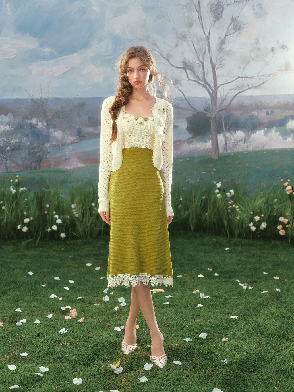 The Garden Princess Crochet Set | Wool Knitted Cardigan & Midi Dress | Handmade Floral Hollow-Out Two-Piece | Parisian Princess