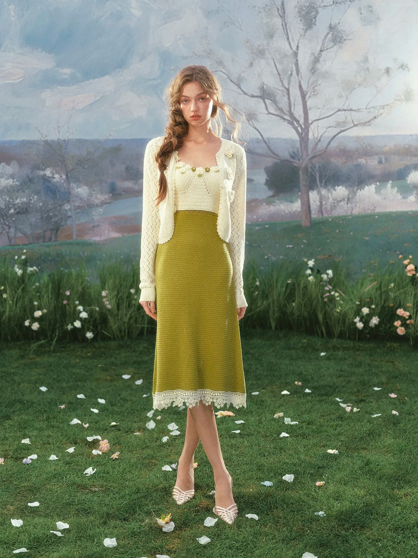 The Garden Princess Crochet Set | Wool Knitted Cardigan & Midi Dress | Handmade Floral Hollow-Out Two-Piece | Parisian Princess