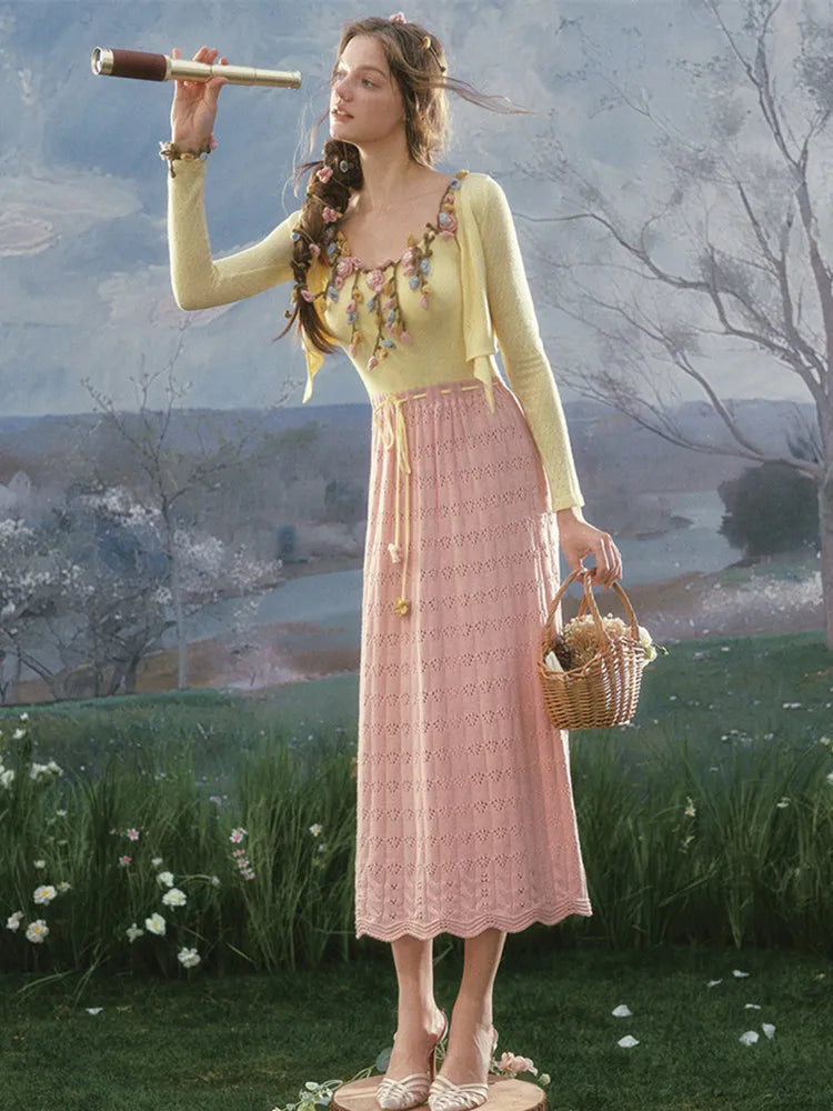 The French Pastoral Crochet Gown | Elegant Handmade Knitted Long Dress | Luxury Floral Fit &amp; Flare Midi | Parisian Princess