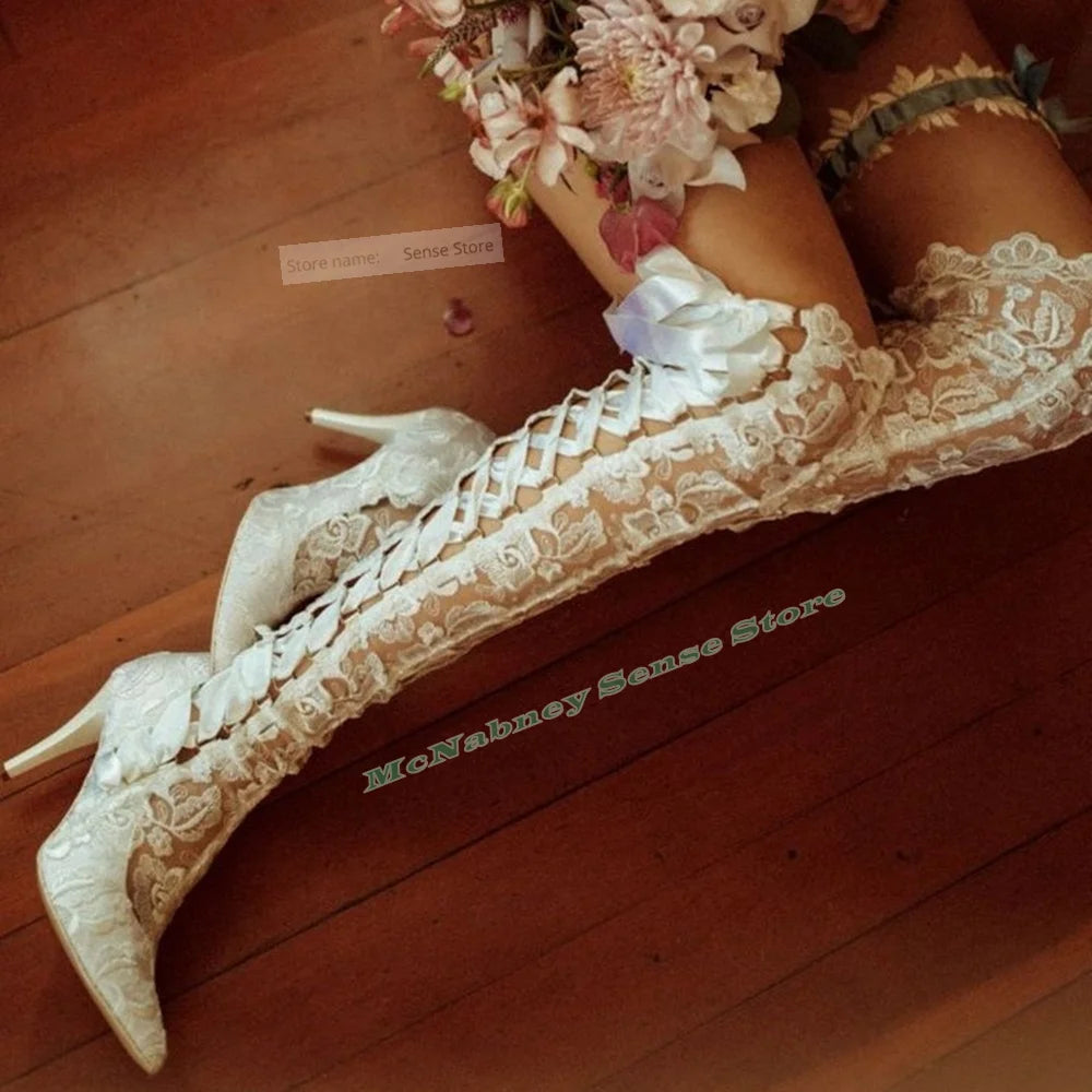 Le Queen Lace Lace-Up Mesh Stiletto | Hollow Pointed Toe Knee-High Boot | Summer Party Heels | Parisian Princess