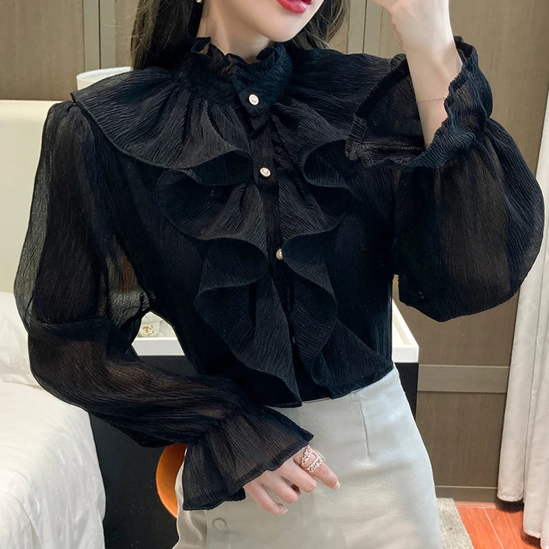 The Versailles Ruffled Chiffon Blouse | Stand Collar Lace Puff Sleeve | French Vintage Shirt | Parisian Princess