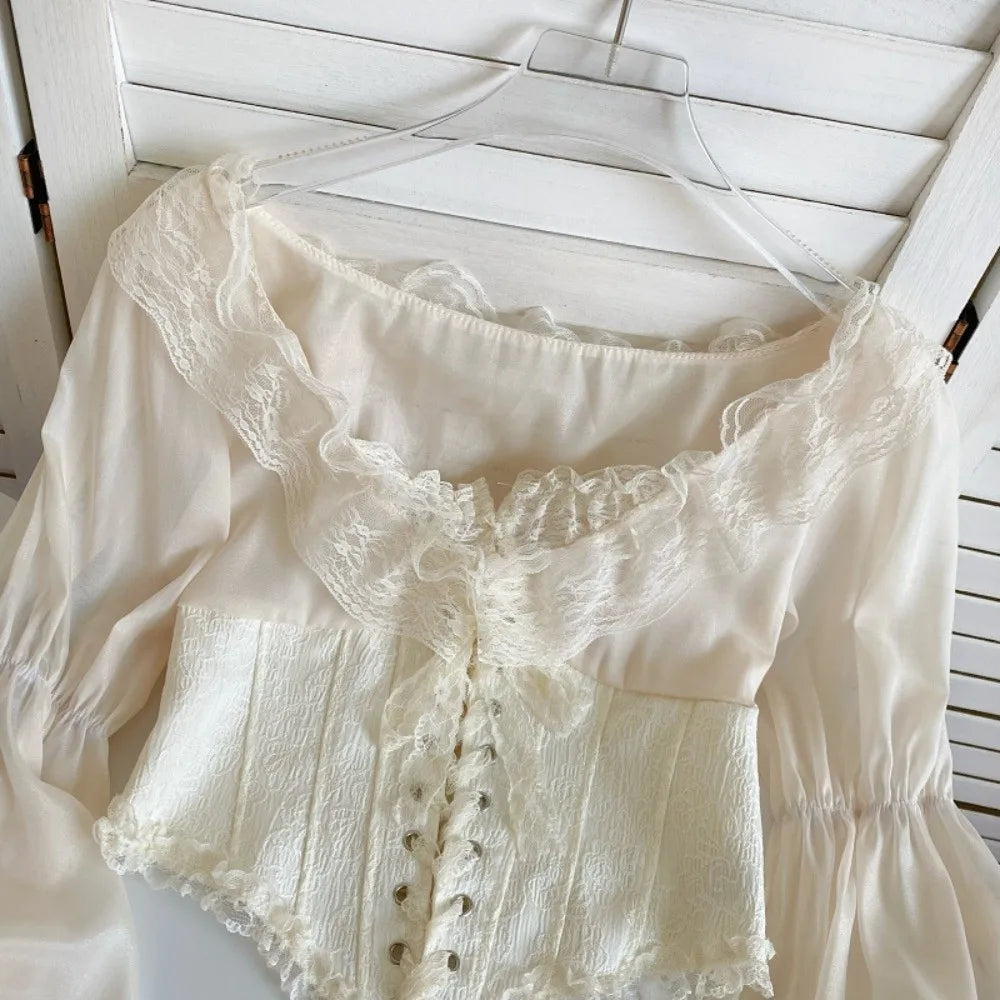 The Vivienne Lace Manteau | Parisian Ruffled Chiffon Blouse | French Mesh Patchwork Top | Lantern Sleeve Coquette Shirt