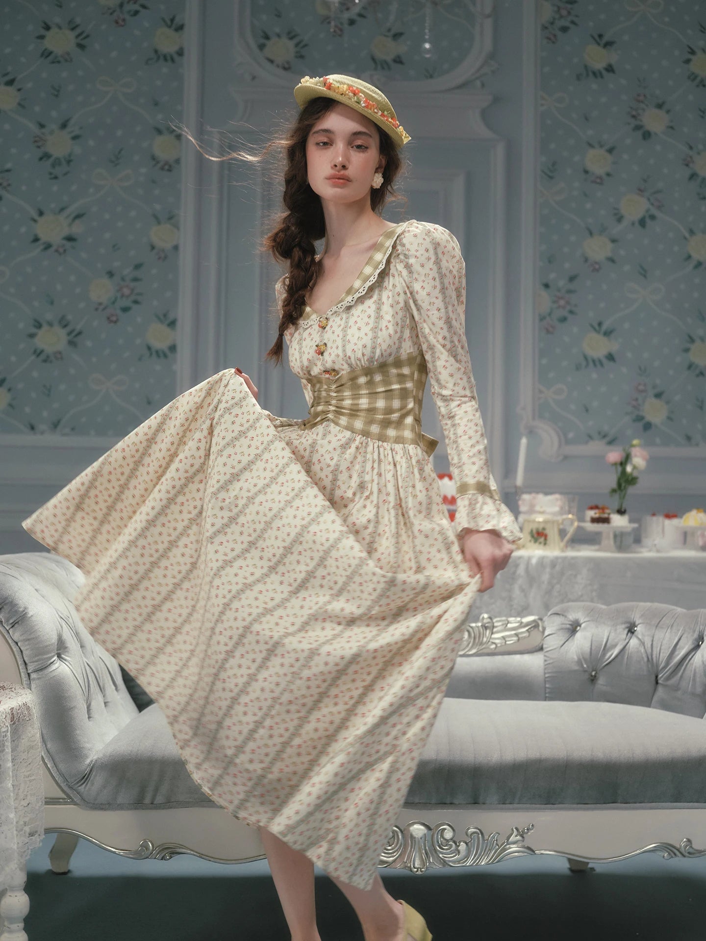 The Cotton Trianon Plaid Patchwork Maxi | 100% Cotton Long Sleeve Gown | Parisian Prairie Dress | Parisian Princess