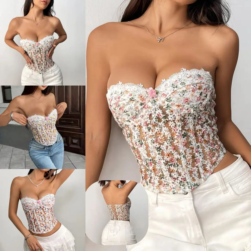 The Versailles Blossom Corset | Floral Hollow-Out Strapless Bustier | Lace-Up Boned Camisole | Parisian Princess