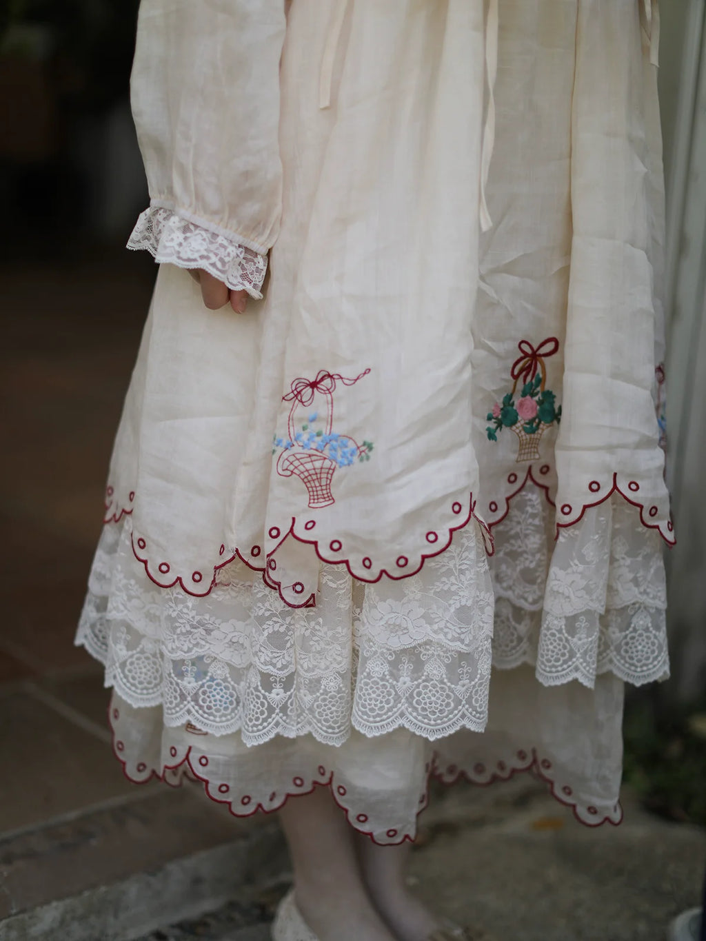 The Antique Botanical Tea Dress | French Forest Girl Embroidery Gown | Loose Fit Cotton-Ramie Jute Aesthetic Midi | Parisian Princess