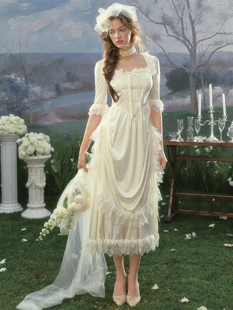 The Swan Regina Gown | French Vintage Court Satin Dress | Elegant Square Neck Wedding Maxi | Parisian Princess