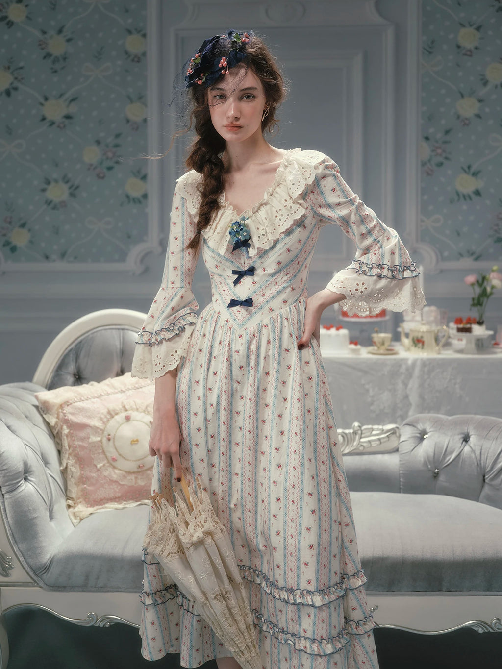 Parisian Cotton Lace Trimmed Women Dress Three Quarter Flare Sleeve Long Maxi Ladies V-Neck XS-XL Vintage High Waist Printed 2026