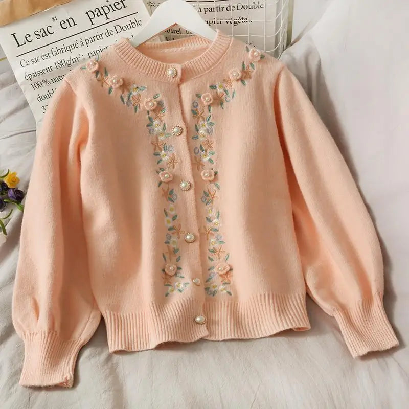 The Tuileries Garden Cardigan | Pink Handmade Floral Embroidered Sweater | Vintage Parisian Girl Knit | Parisian Princess